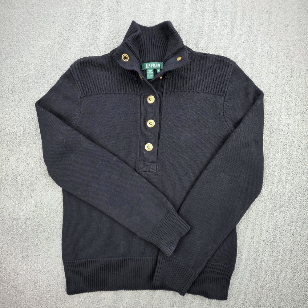 Lauren Ralph Lauren Mock Neck Sweater‎ Women Navy Blue Snap Placket Cotton M